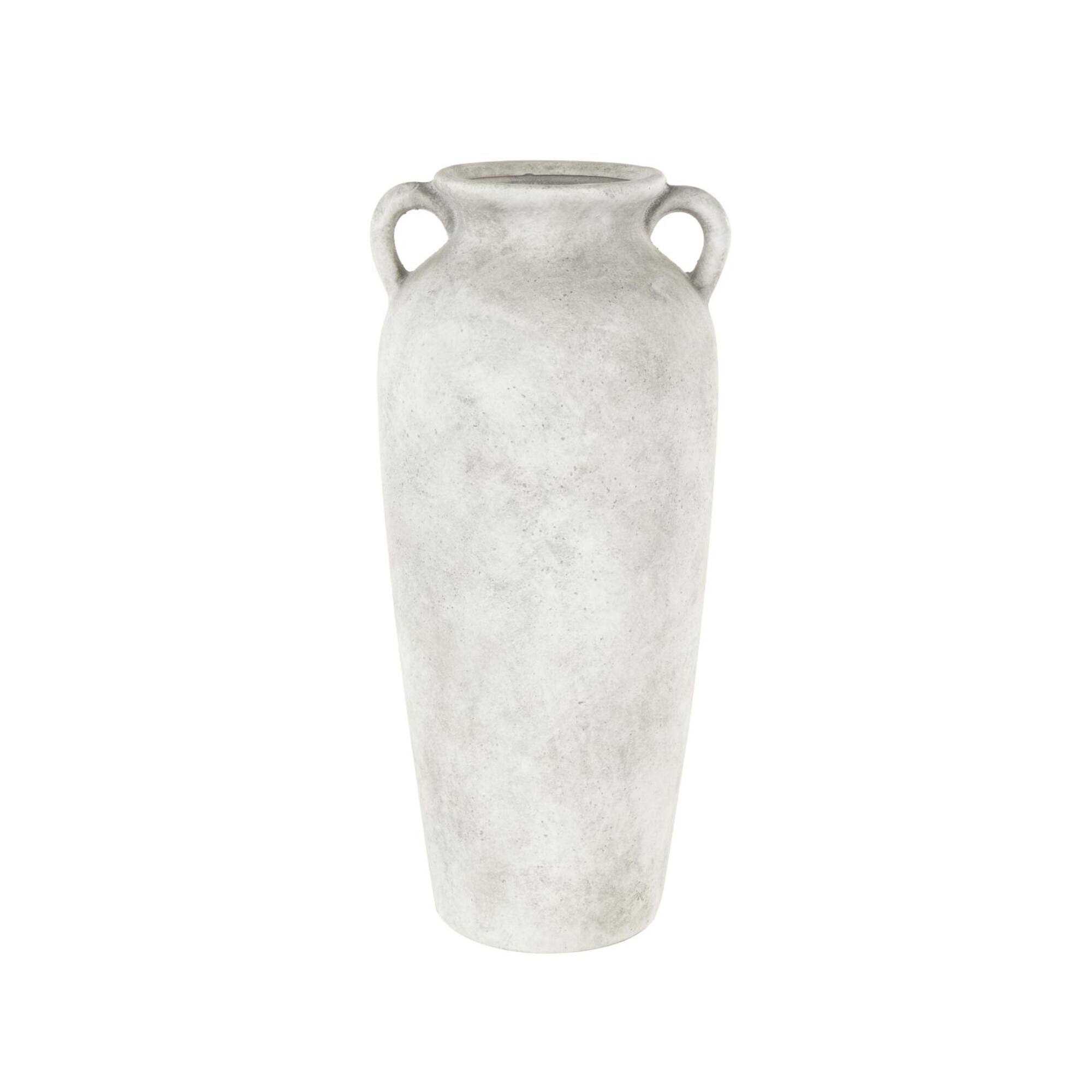 20" White Antique Style Textured Ceramic Vase with Handles